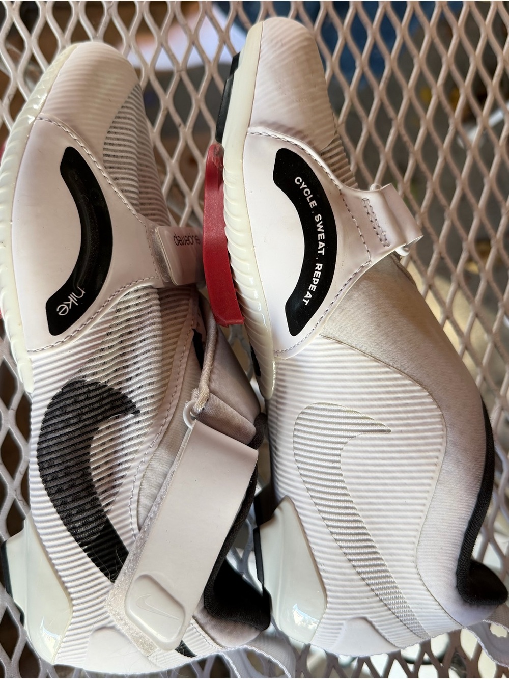 Nike Women’s White and Black Indoor Cycling Shoes with Red Cleat